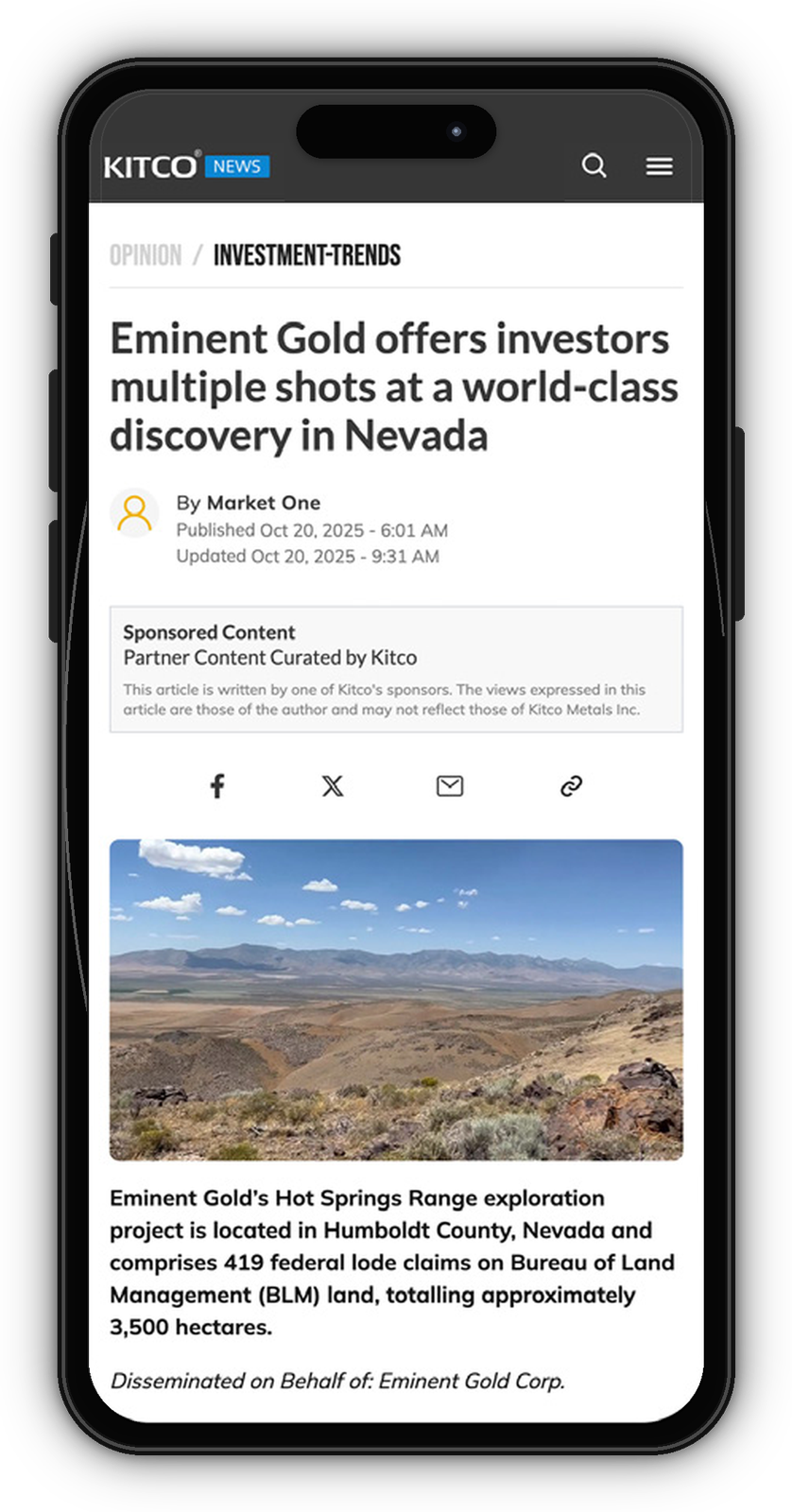 Kitco Investment Trends sponsored article example on iPhone